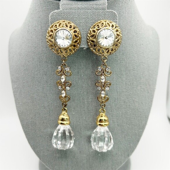 Jewelry - Vintage Inspired Ornate Gold Tone Filigree Long Teardrop Dangle Earrings Sparkle